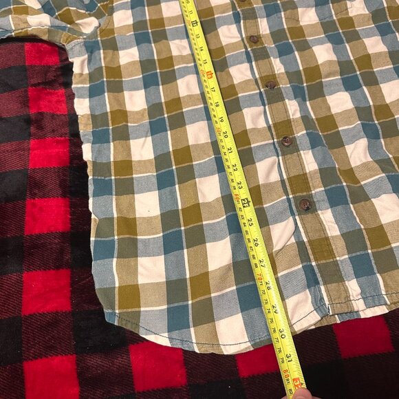 PrAna Casual Button Down Mens Green XL Blue Plaid Rugged Flannel Shirt - Picture 5 of 5